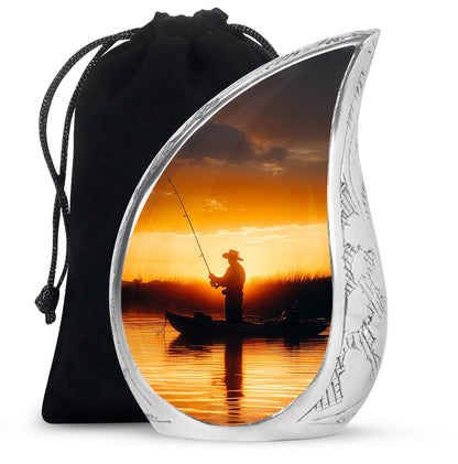 Antique Gold Fishing Cremation Urn front view showing detailed design - flowing teardrop fishing silhouette on curved aluminum - full-size 10 inch 200 cubic inch adult cremation urn