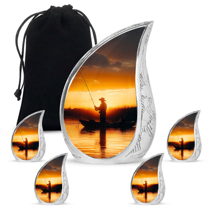 Amber Gold Fishing Cremation Urn side profile showing urn shape - flowing teardrop fishing silhouette on curved aluminum - memorial set with one large and four small urns