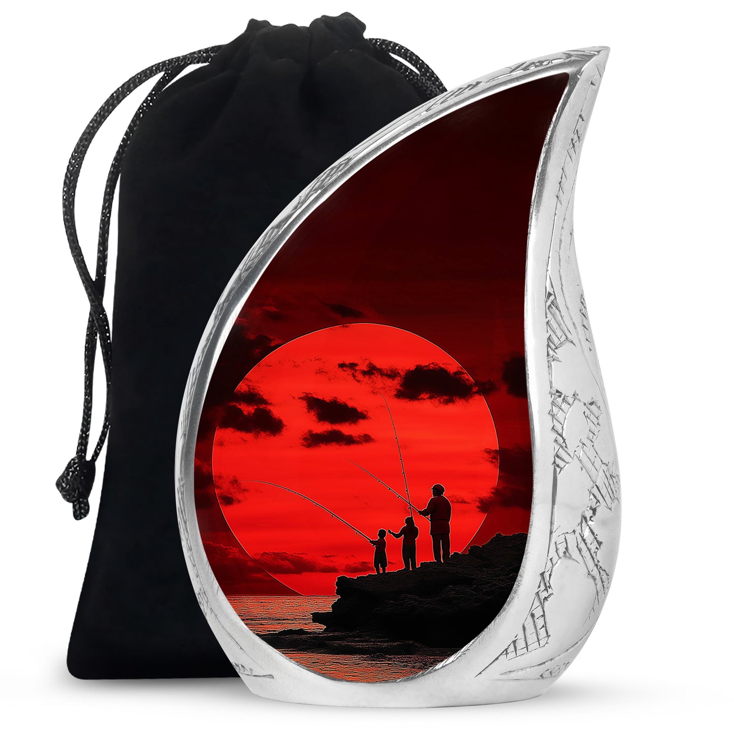 Burgundy Red Fishing Cremation Urn front view showing detailed design - flowing teardrop fishing silhouette on curved aluminum - full-size 10 inch 200 cubic inch adult cremation urn