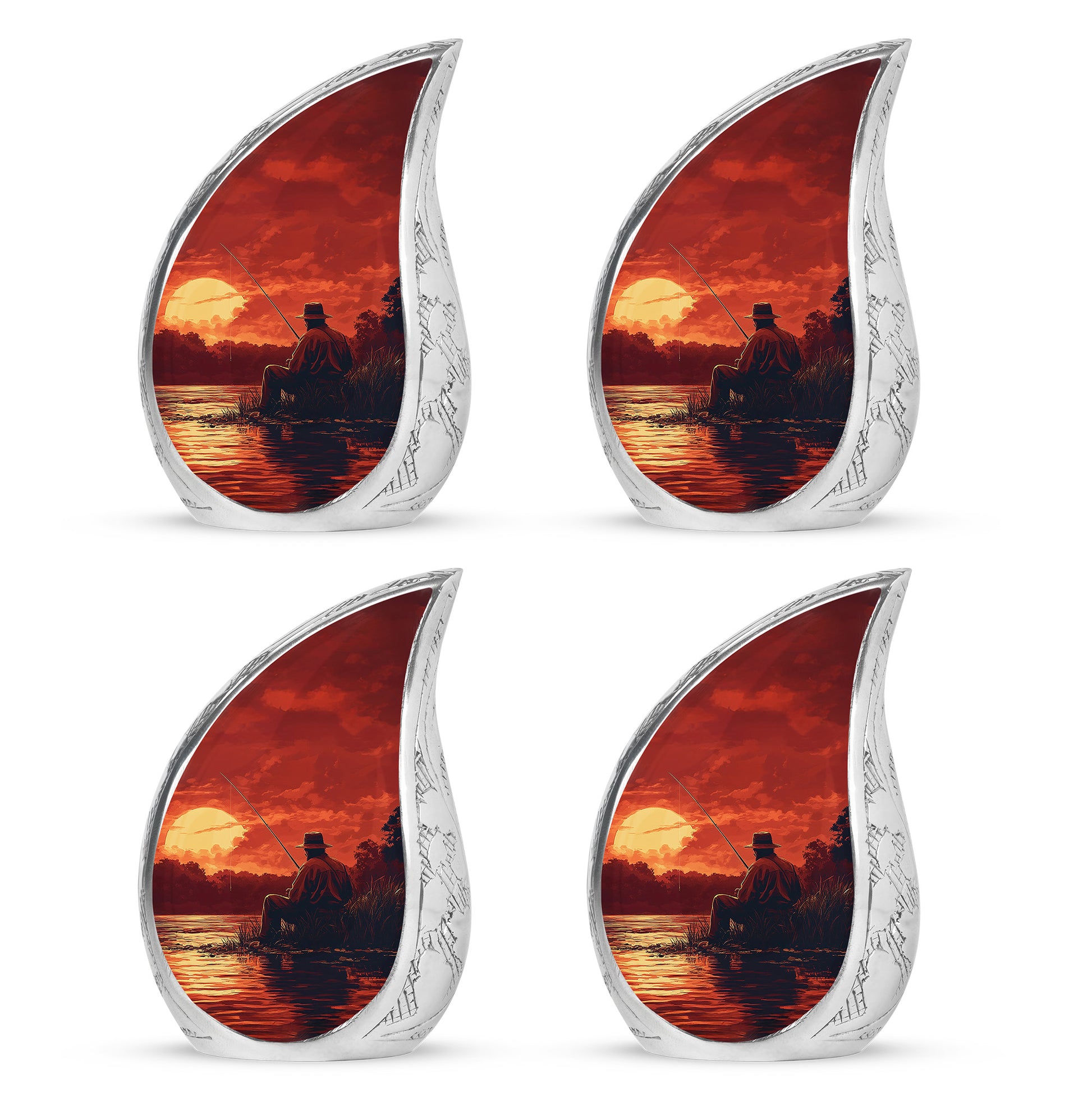 Crimson Red Fishing Cremation Urn close-up of engraving and surface detail - rounded teardrop fishing design with delicate detail - 10 inch aluminum urn for cremated remains