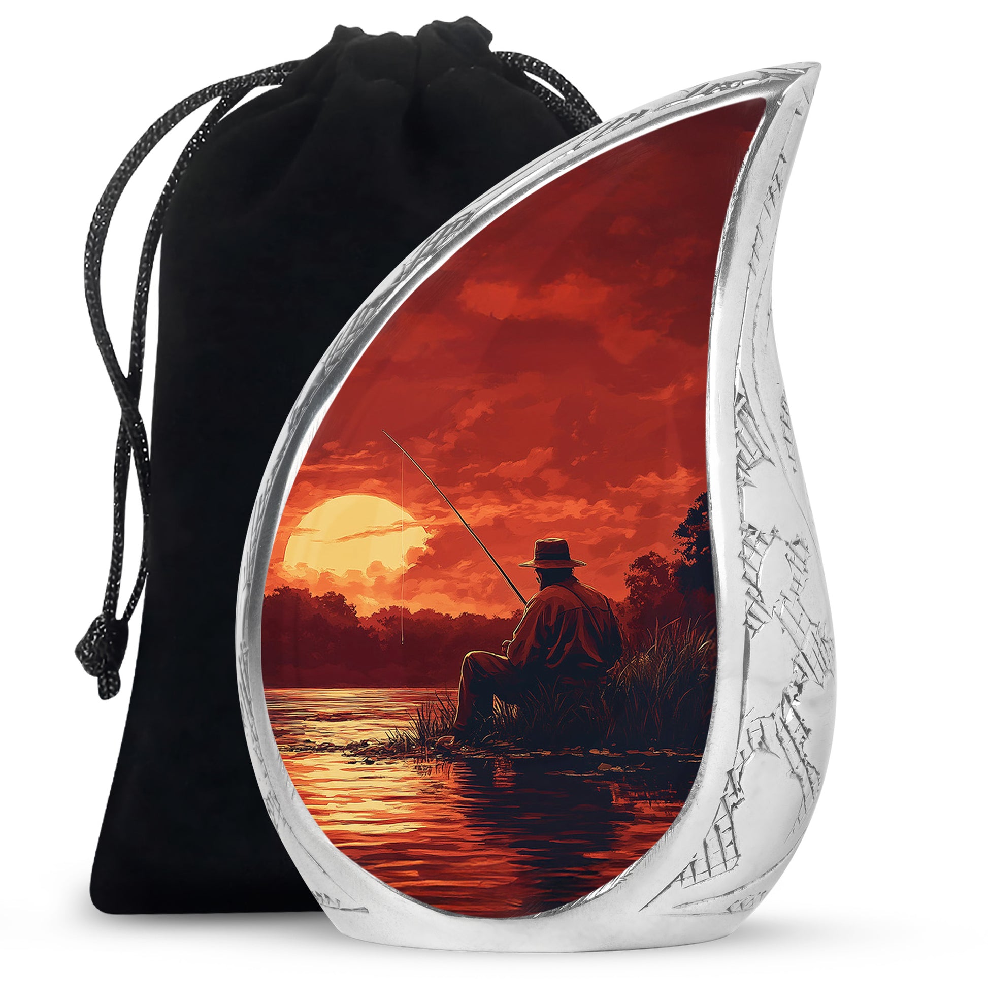 Rich Red Fishing Cremation Urn front view showing detailed design - graceful tear-shaped urn with fishing motif - full-size 10 inch 200 cubic inch adult cremation urn
