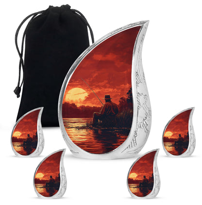 Scarlet Red Fishing Cremation Urn side profile showing urn shape - smooth teardrop contour featuring fishing art - memorial set with one large and four small urns