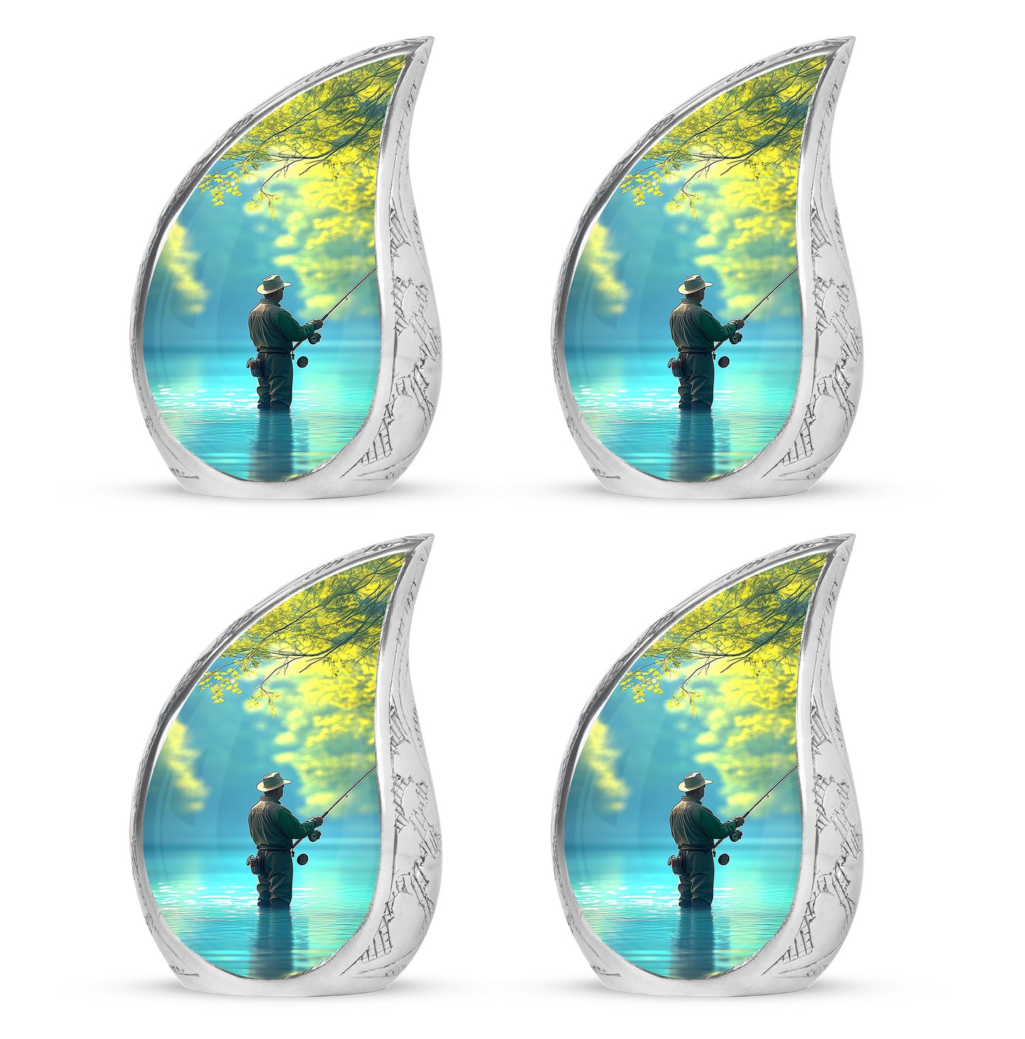 Tropical Teal Fishing Cremation Urn close-up of engraving and surface detail - graceful tear-shaped urn with fishing motif - 10 inch aluminum urn for cremated remains