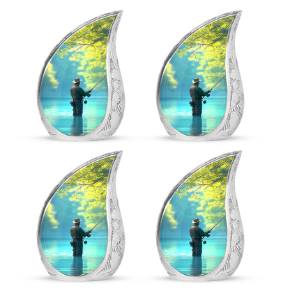 Tropical Teal Fishing Cremation Urn close-up of engraving and surface detail - graceful tear-shaped urn with fishing motif - 10 inch aluminum urn for cremated remains