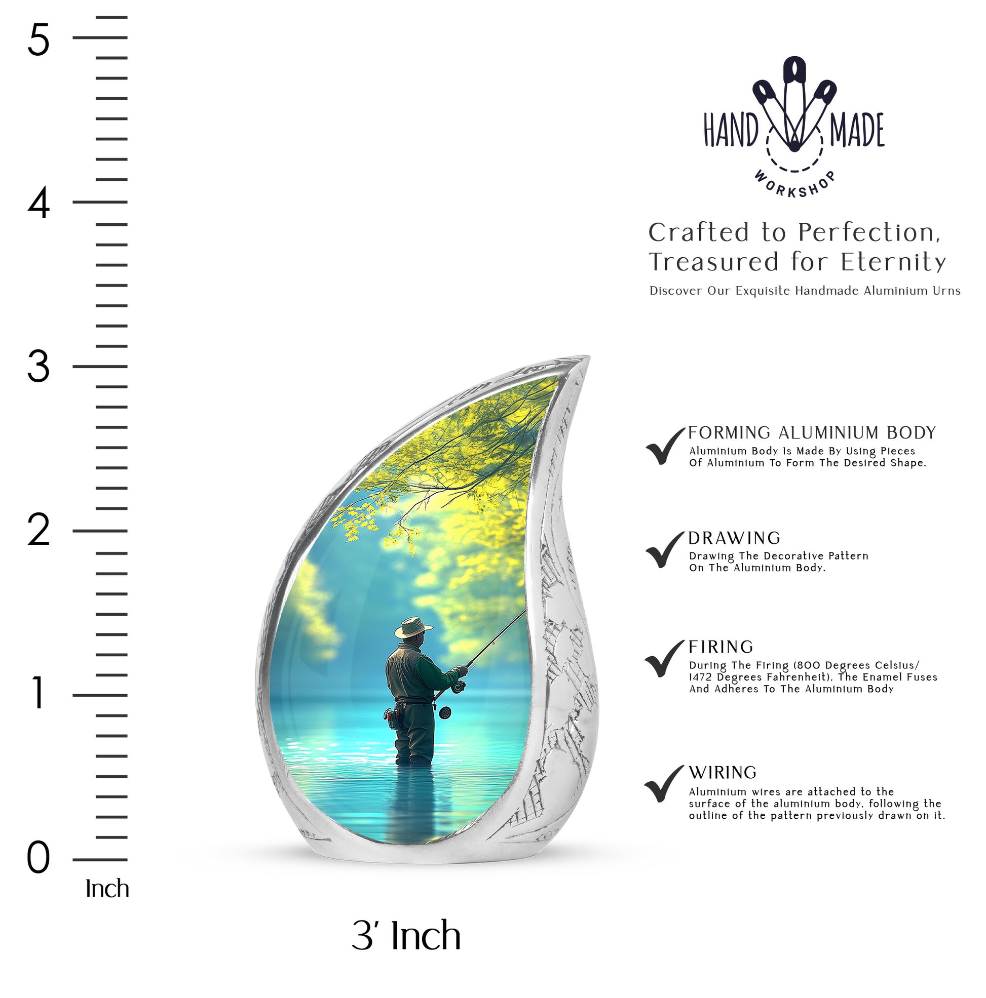 Cool Teal Fishing Cremation Urn angled view of lid and engraved motif - flowing teardrop fishing silhouette on curved aluminum - mini keepsake memorial for portion of cremation ashes