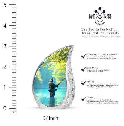 Cool Teal Fishing Cremation Urn angled view of lid and engraved motif - flowing teardrop fishing silhouette on curved aluminum - mini keepsake memorial for portion of cremation ashes