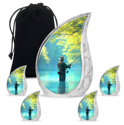Soft Teal Fishing Cremation Urn side profile showing urn shape - rounded teardrop fishing design with delicate detail - memorial set with one large and four small urns