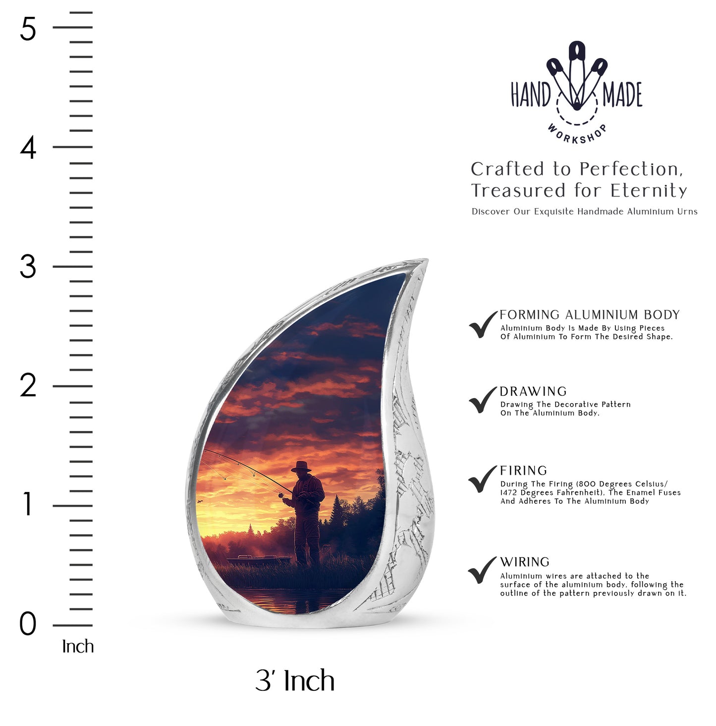 Grape Purple Fishing Cremation Urn angled view of lid and engraved motif - smooth teardrop contour featuring fishing art - mini keepsake memorial for portion of cremation ashes