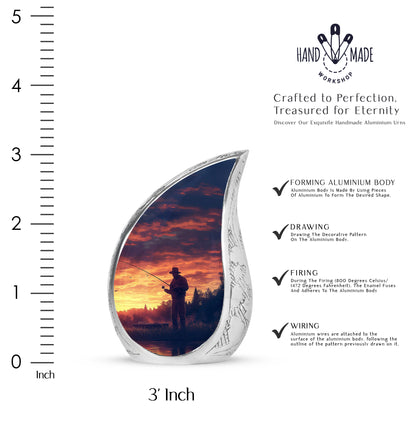 Grape Purple Fishing Cremation Urn angled view of lid and engraved motif - smooth teardrop contour featuring fishing art - mini keepsake memorial for portion of cremation ashes
