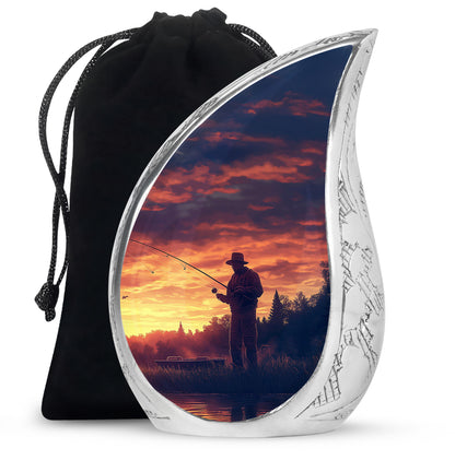 Violet Purple Fishing Cremation Urn front view showing detailed design - smooth teardrop contour featuring fishing art - full-size 10 inch 200 cubic inch adult cremation urn