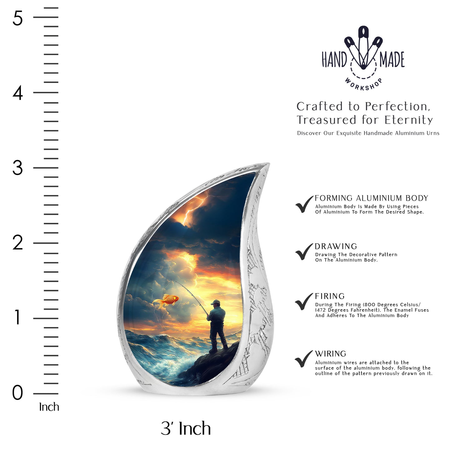 Icy Blue Fishing Cremation Urn angled view of lid and engraved motif - rounded teardrop fishing design with delicate detail - mini keepsake memorial for portion of cremation ashes
