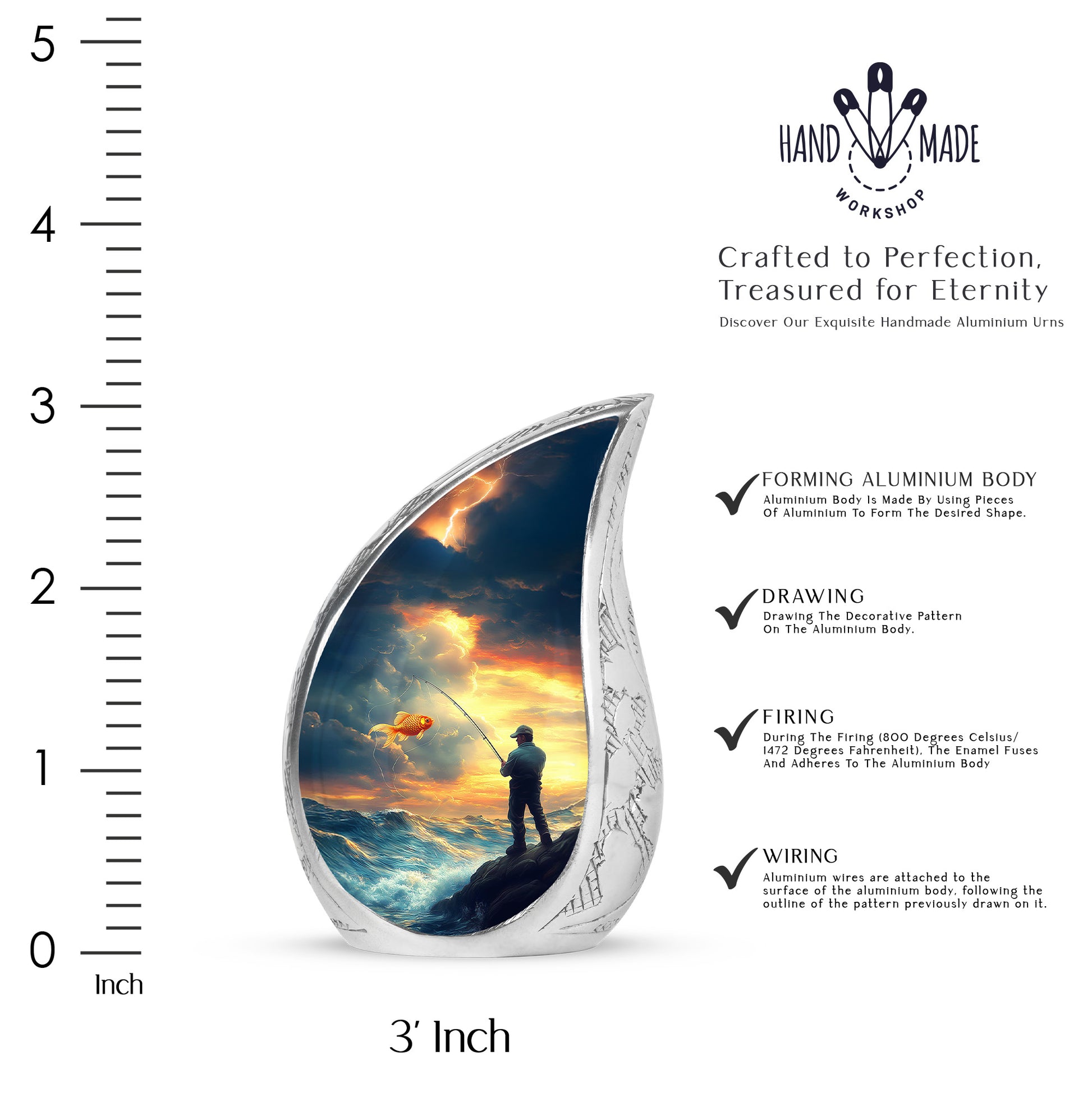 Icy Blue Fishing Cremation Urn angled view of lid and engraved motif - rounded teardrop fishing design with delicate detail - mini keepsake memorial for portion of cremation ashes