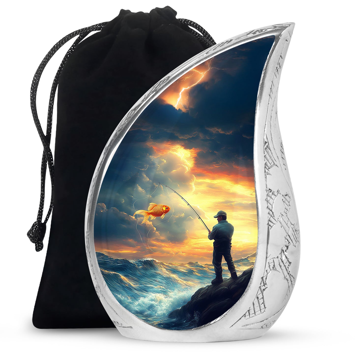 Indigo Fishing Cremation Urn front view showing detailed design - flowing teardrop fishing silhouette on curved aluminum - full-size 10 inch 200 cubic inch adult cremation urn