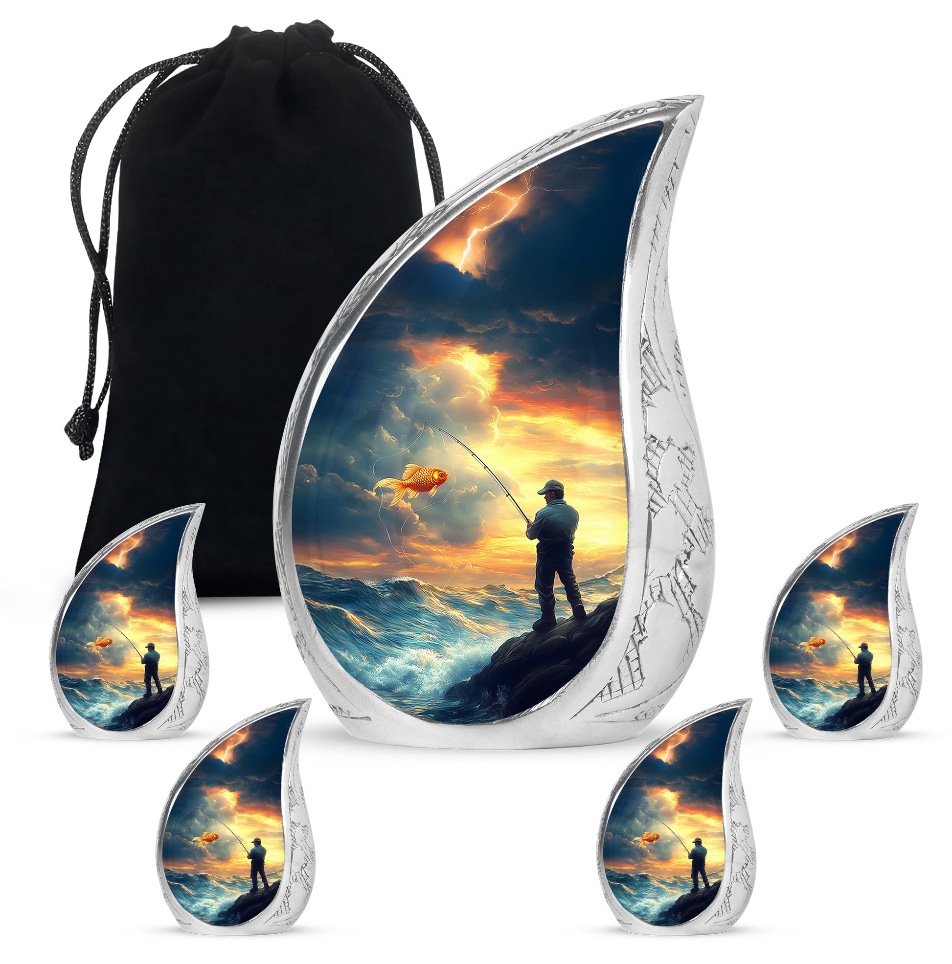 Slate Blue Fishing Cremation Urn side profile showing urn shape - flowing teardrop fishing silhouette on curved aluminum - memorial set with one large and four small urns