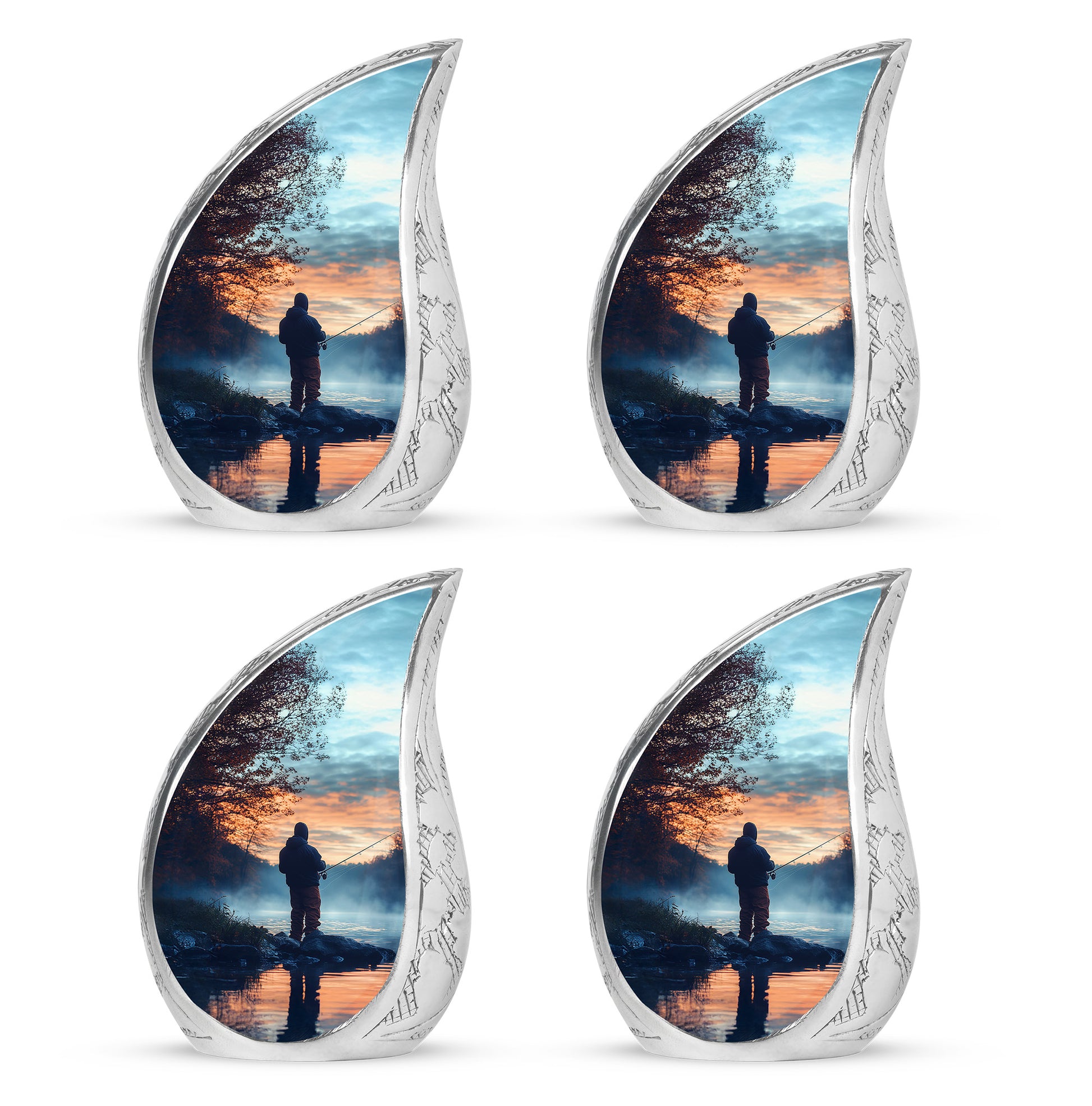 Pastel Blue Fishing Cremation Urn close-up of engraving and surface detail - rounded teardrop fishing design with delicate detail - 10 inch aluminum urn for cremated remains