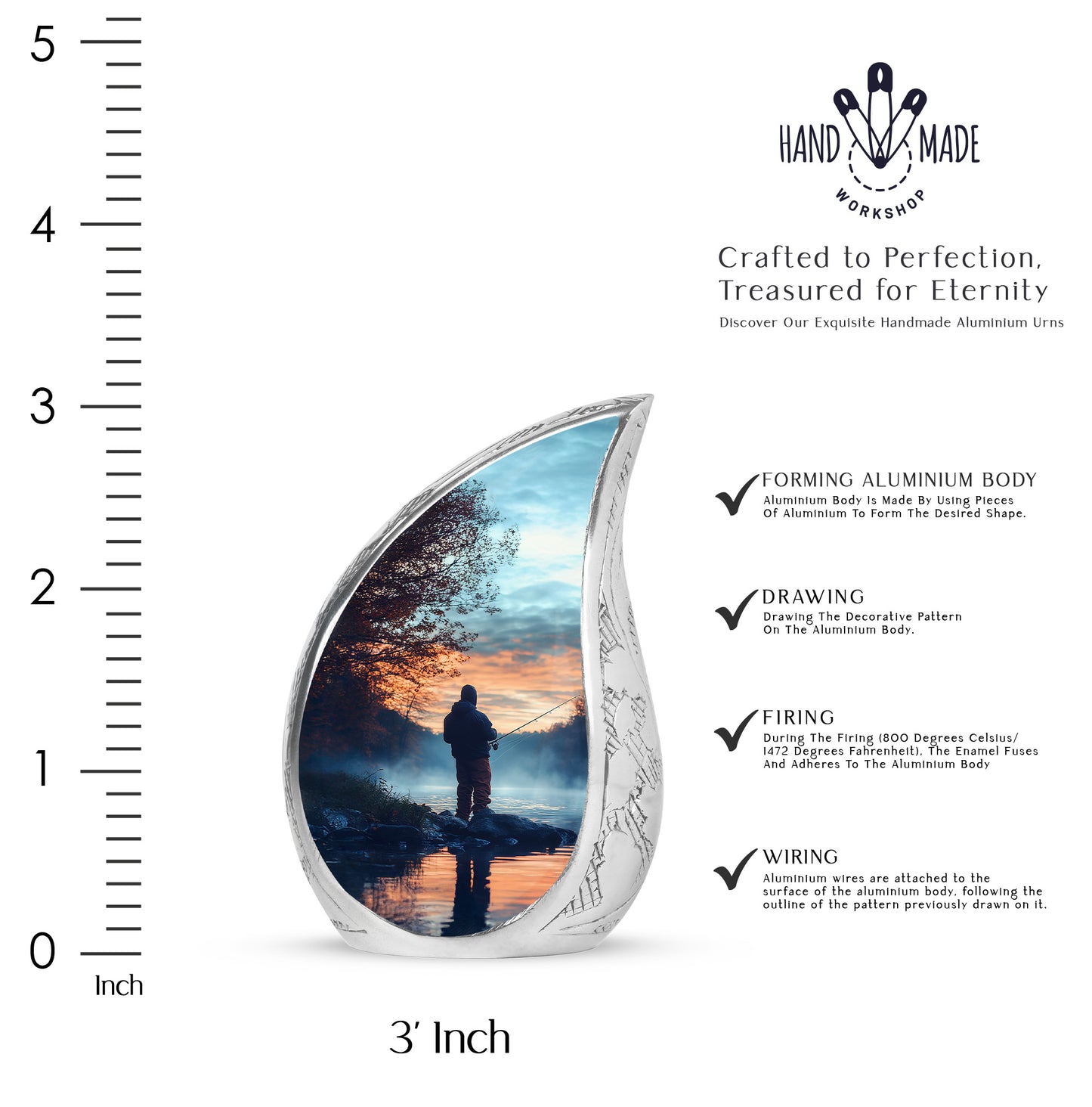 Powder Blue Fishing Cremation Urn angled view of lid and engraved motif - flowing teardrop fishing silhouette on curved aluminum - mini keepsake memorial for portion of cremation ashes