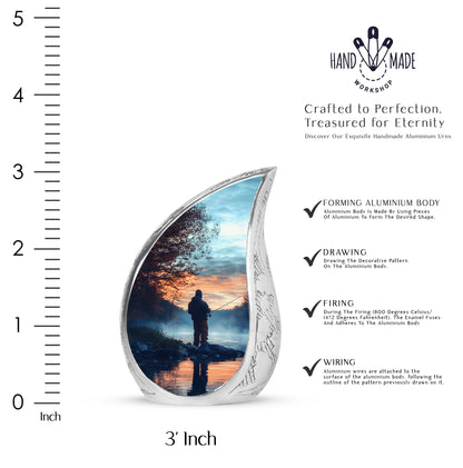 Powder Blue Fishing Cremation Urn angled view of lid and engraved motif - flowing teardrop fishing silhouette on curved aluminum - mini keepsake memorial for portion of cremation ashes