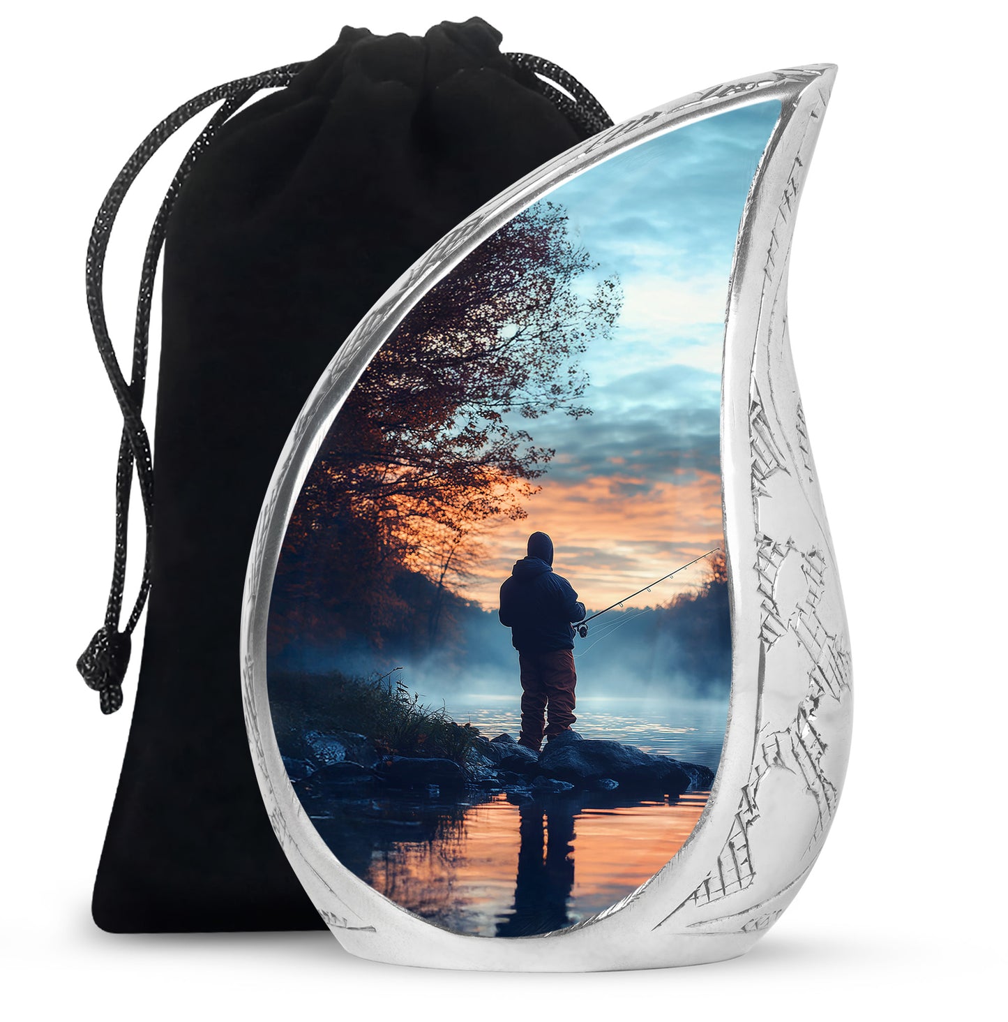 Icy Blue Fishing Cremation Urn front view showing detailed design - rounded teardrop fishing design with delicate detail - full-size 10 inch 200 cubic inch adult cremation urn
