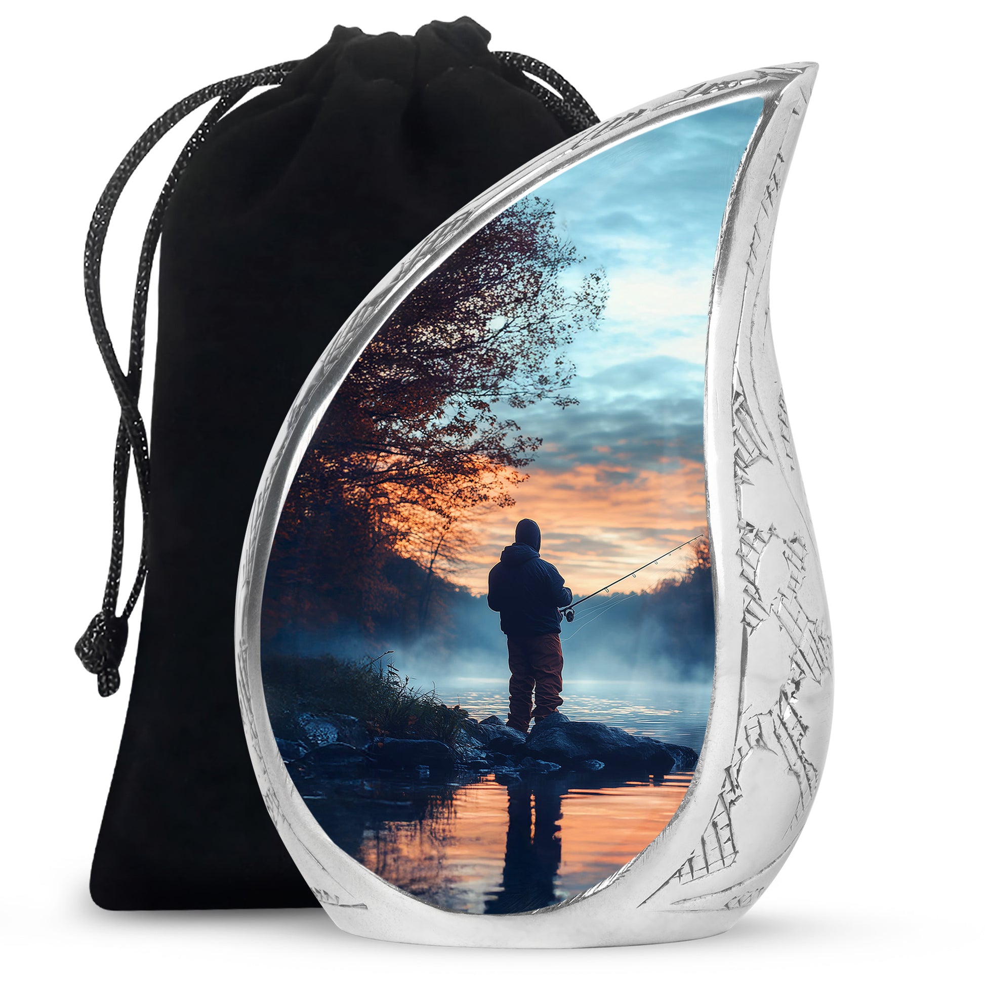 Icy Blue Fishing Cremation Urn front view showing detailed design - rounded teardrop fishing design with delicate detail - full-size 10 inch 200 cubic inch adult cremation urn