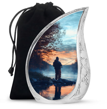 Icy Blue Fishing Cremation Urn front view showing detailed design - rounded teardrop fishing design with delicate detail - full-size 10 inch 200 cubic inch adult cremation urn