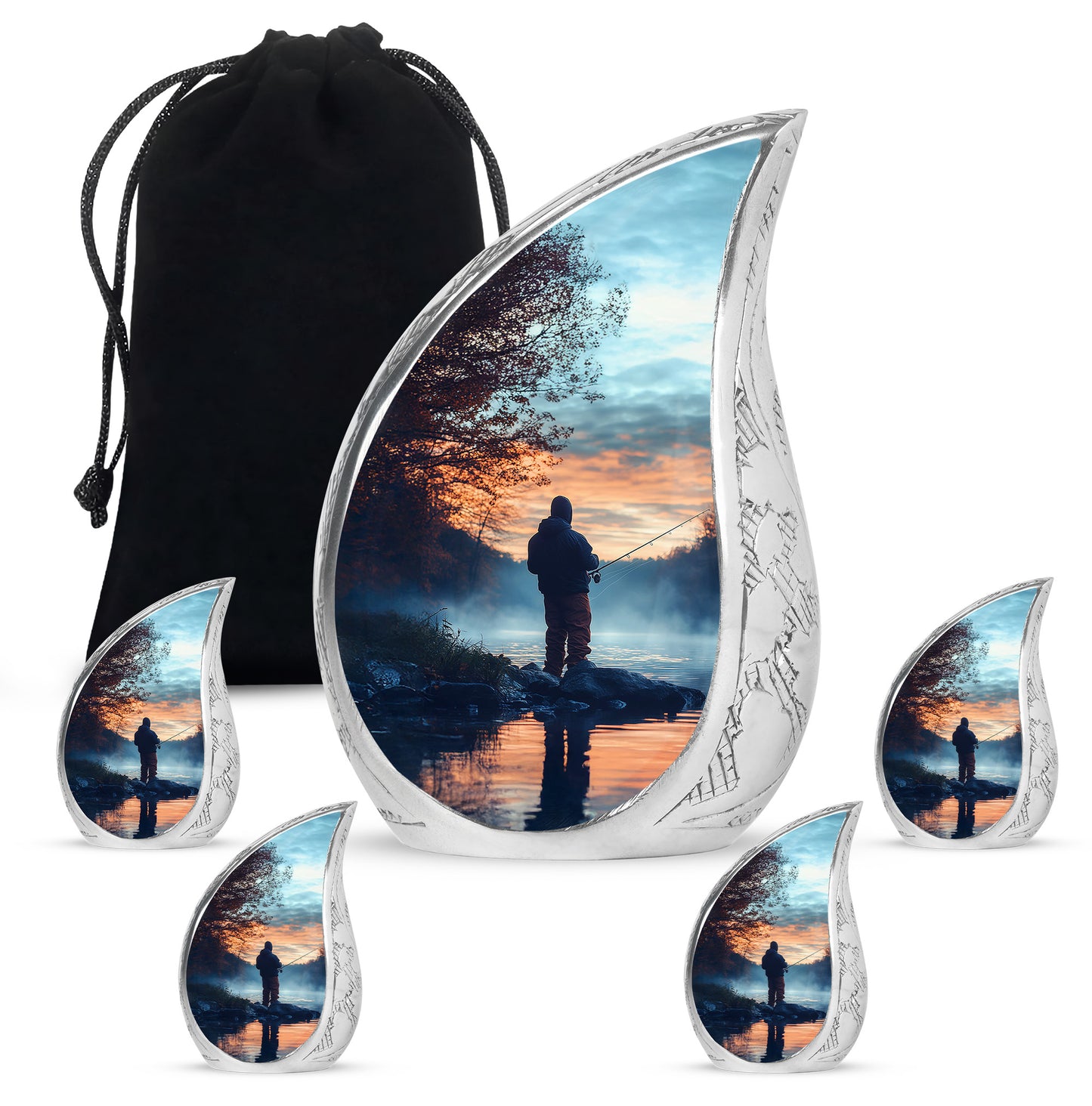Sky Blue Fishing Cremation Urn side profile showing urn shape - flowing teardrop fishing silhouette on curved aluminum - memorial set with one large and four small urns