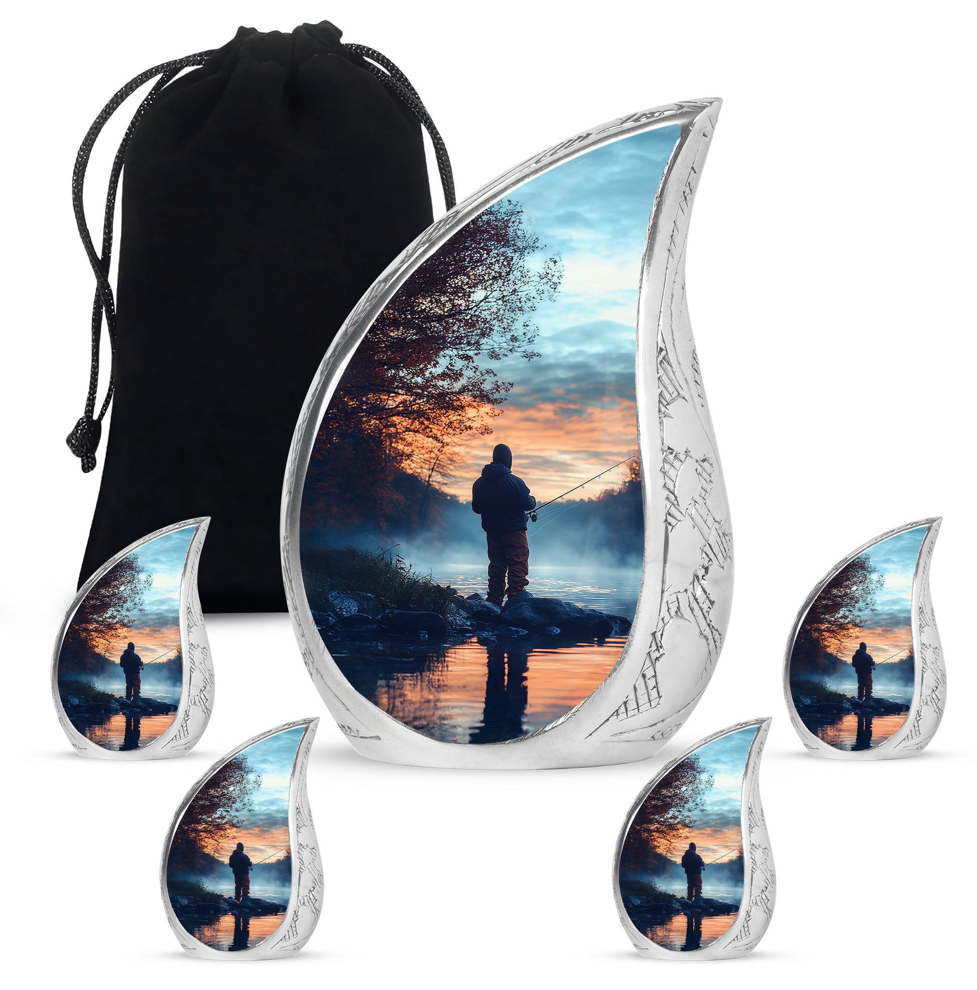 Sky Blue Fishing Cremation Urn side profile showing urn shape - flowing teardrop fishing silhouette on curved aluminum - memorial set with one large and four small urns