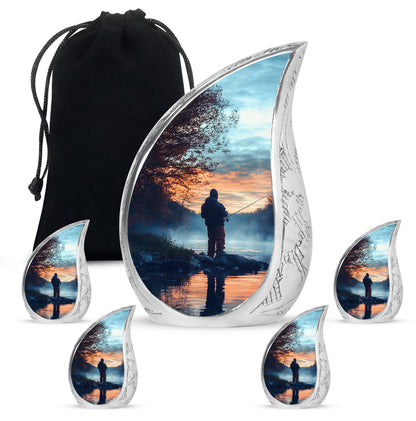 Sky Blue Fishing Cremation Urn side profile showing urn shape - flowing teardrop fishing silhouette on curved aluminum - memorial set with one large and four small urns