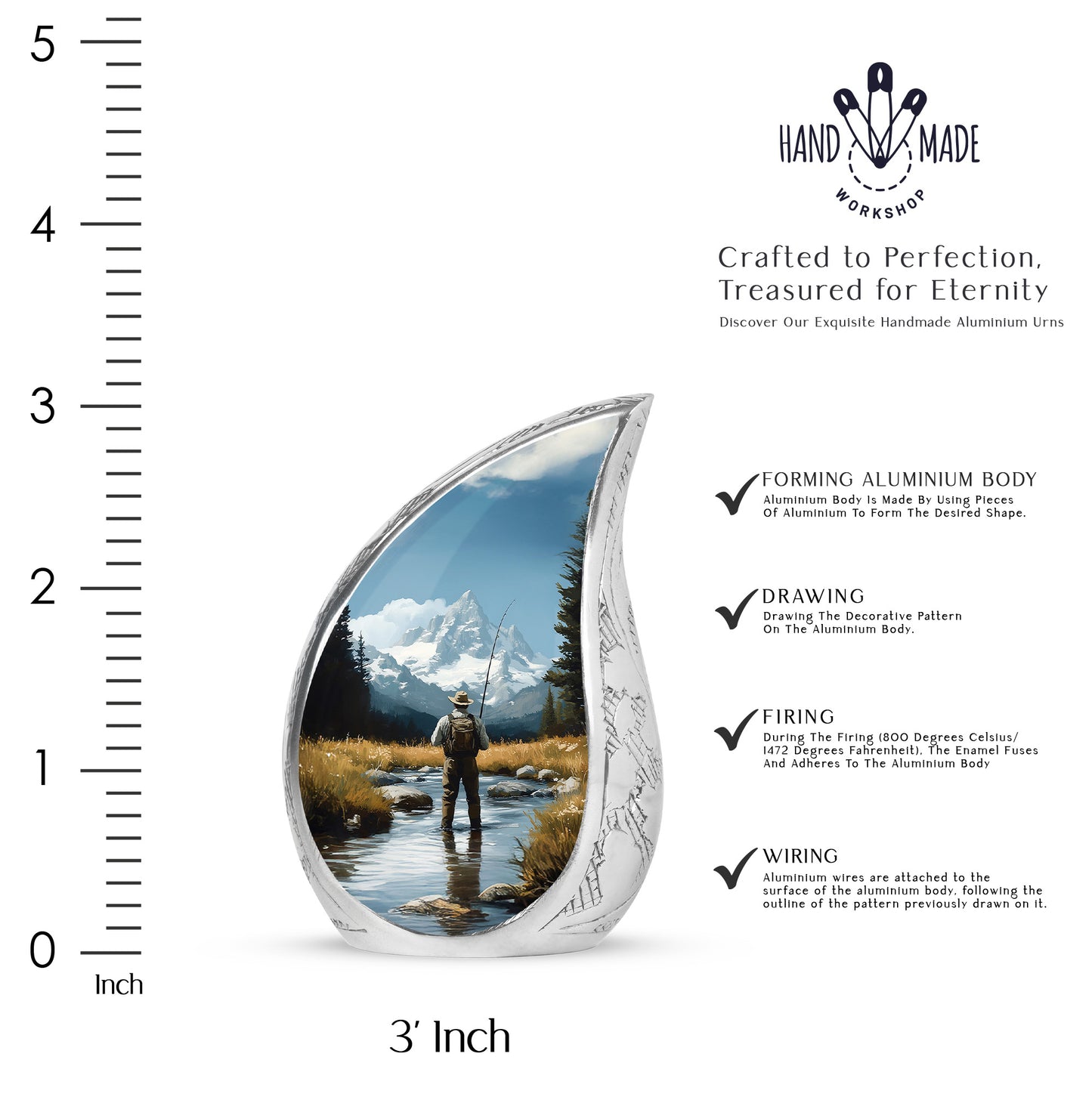 Cornflower Blue Fishing Cremation Urn angled view of lid and engraved motif - smooth teardrop contour featuring fishing art - mini keepsake memorial for portion of cremation ashes