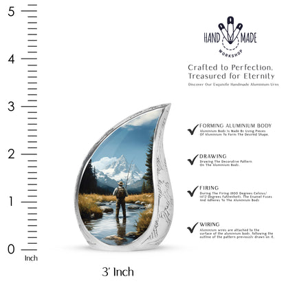 Cornflower Blue Fishing Cremation Urn angled view of lid and engraved motif - smooth teardrop contour featuring fishing art - mini keepsake memorial for portion of cremation ashes