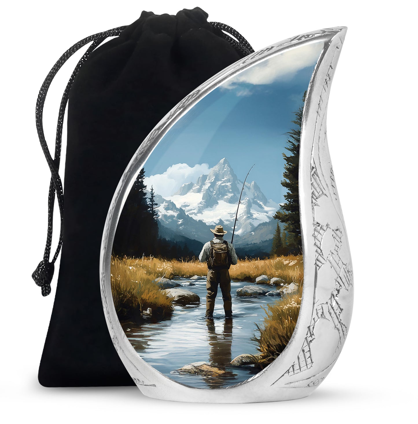 Celestial Blue Fishing Cremation Urn front view showing detailed design - flowing teardrop fishing silhouette on curved aluminum - full-size 10 inch 200 cubic inch adult cremation urn