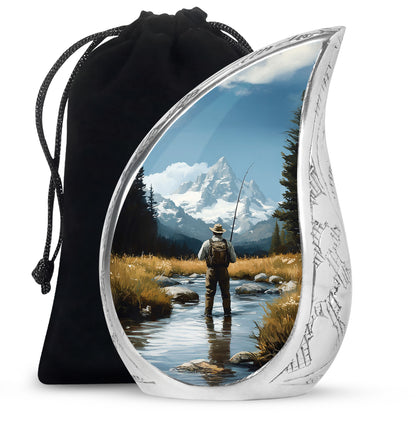 Celestial Blue Fishing Cremation Urn front view showing detailed design - flowing teardrop fishing silhouette on curved aluminum - full-size 10 inch 200 cubic inch adult cremation urn