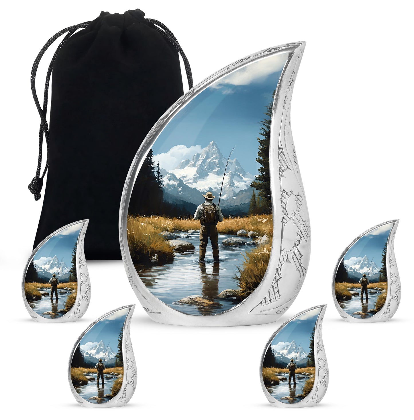 Pastel Blue Fishing Cremation Urn side profile showing urn shape - flowing teardrop fishing silhouette on curved aluminum - memorial set with one large and four small urns