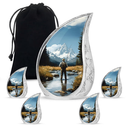 Pastel Blue Fishing Cremation Urn side profile showing urn shape - flowing teardrop fishing silhouette on curved aluminum - memorial set with one large and four small urns