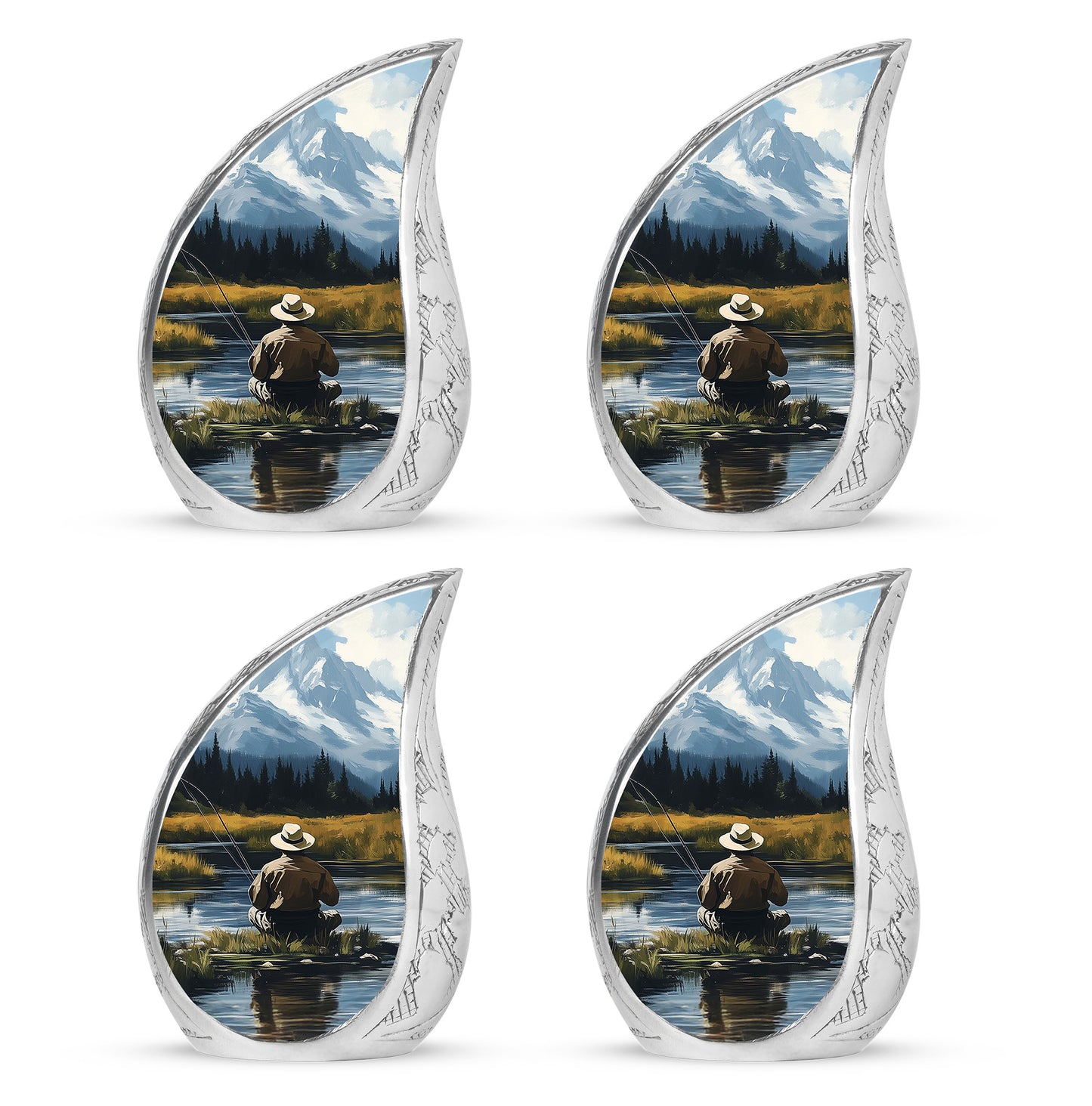 Cobalt Blue Fishing Cremation Urn close-up of engraving and surface detail - graceful tear-shaped urn with fishing motif - 10 inch aluminum urn for cremated remains
