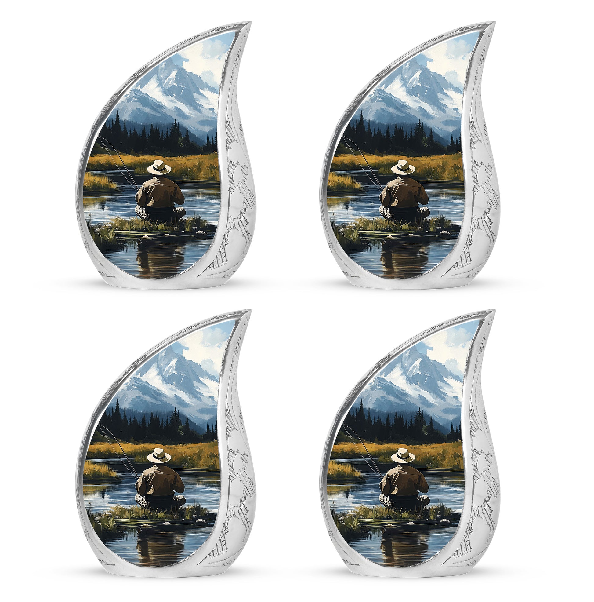 Cobalt Blue Fishing Cremation Urn close-up of engraving and surface detail - graceful tear-shaped urn with fishing motif - 10 inch aluminum urn for cremated remains