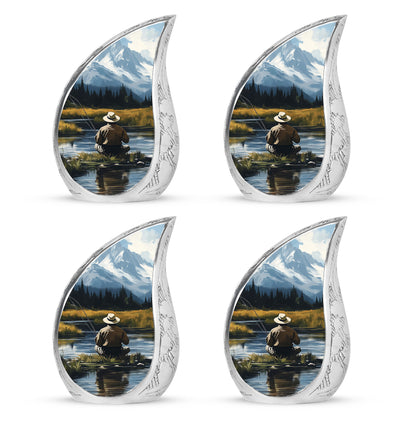 Cobalt Blue Fishing Cremation Urn close-up of engraving and surface detail - graceful tear-shaped urn with fishing motif - 10 inch aluminum urn for cremated remains