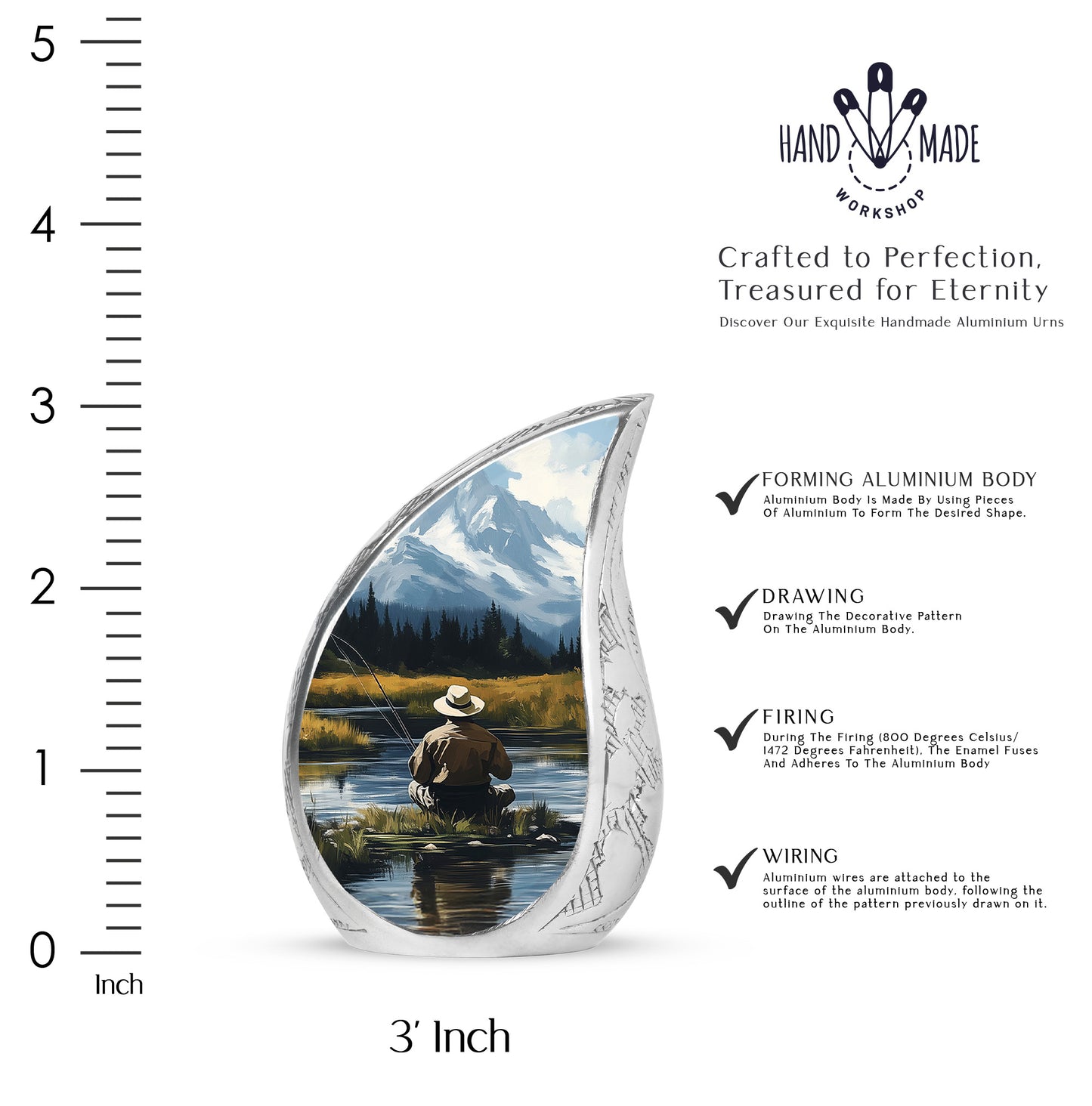 Sky Blue Fishing Cremation Urn angled view of lid and engraved motif - flowing teardrop fishing silhouette on curved aluminum - mini keepsake memorial for portion of cremation ashes