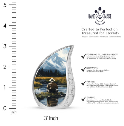Sky Blue Fishing Cremation Urn angled view of lid and engraved motif - flowing teardrop fishing silhouette on curved aluminum - mini keepsake memorial for portion of cremation ashes