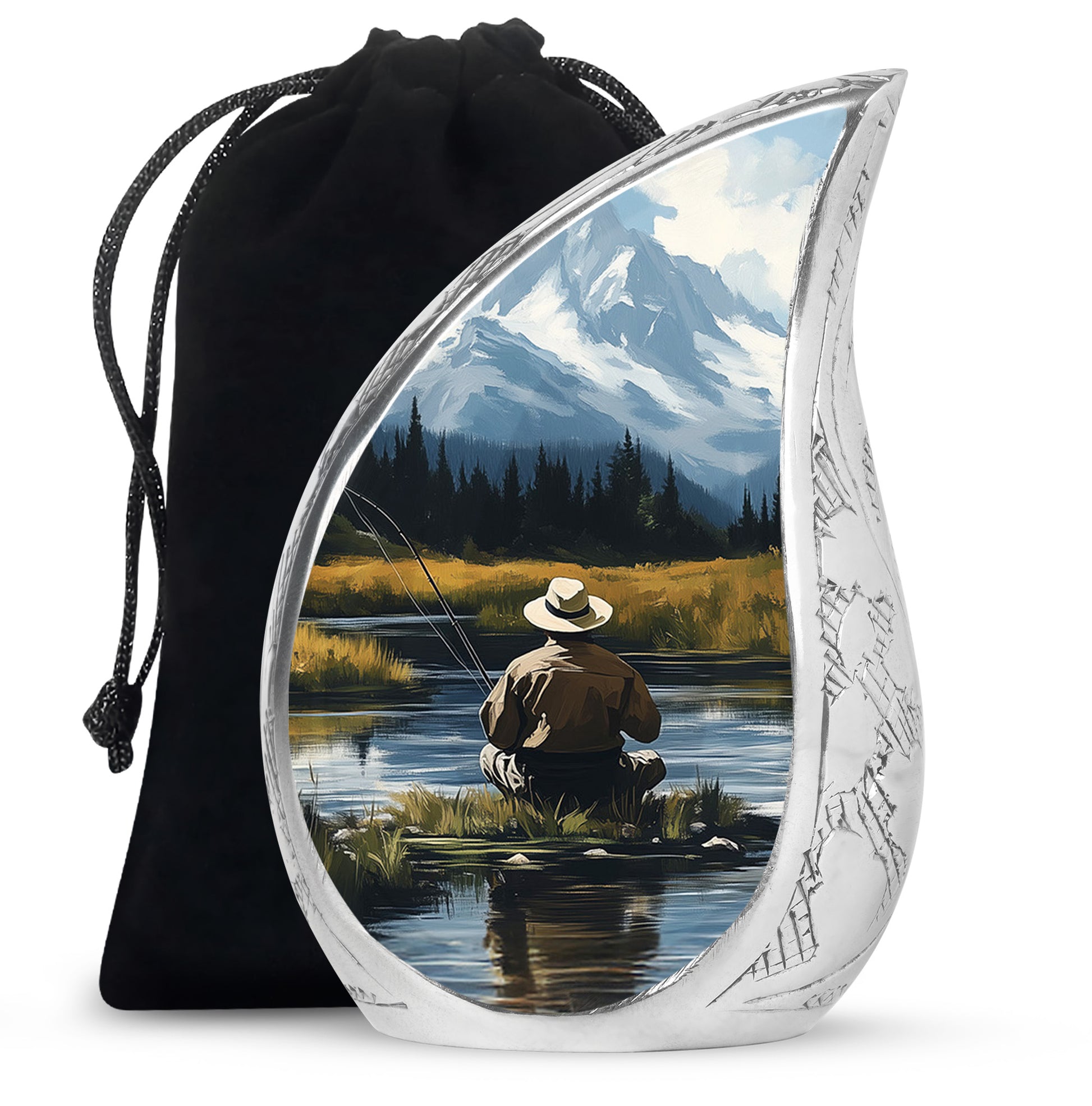 Twilight Blue Fishing Cremation Urn front view showing detailed design - graceful tear-shaped urn with fishing motif - full-size 10 inch 200 cubic inch adult cremation urn
