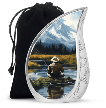 Twilight Blue Fishing Cremation Urn front view showing detailed design - graceful tear-shaped urn with fishing motif - full-size 10 inch 200 cubic inch adult cremation urn