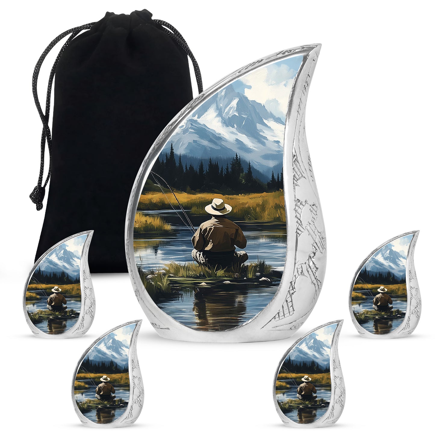 Celestial Blue Fishing Cremation Urn side profile showing urn shape - flowing teardrop fishing silhouette on curved aluminum - memorial set with one large and four small urns