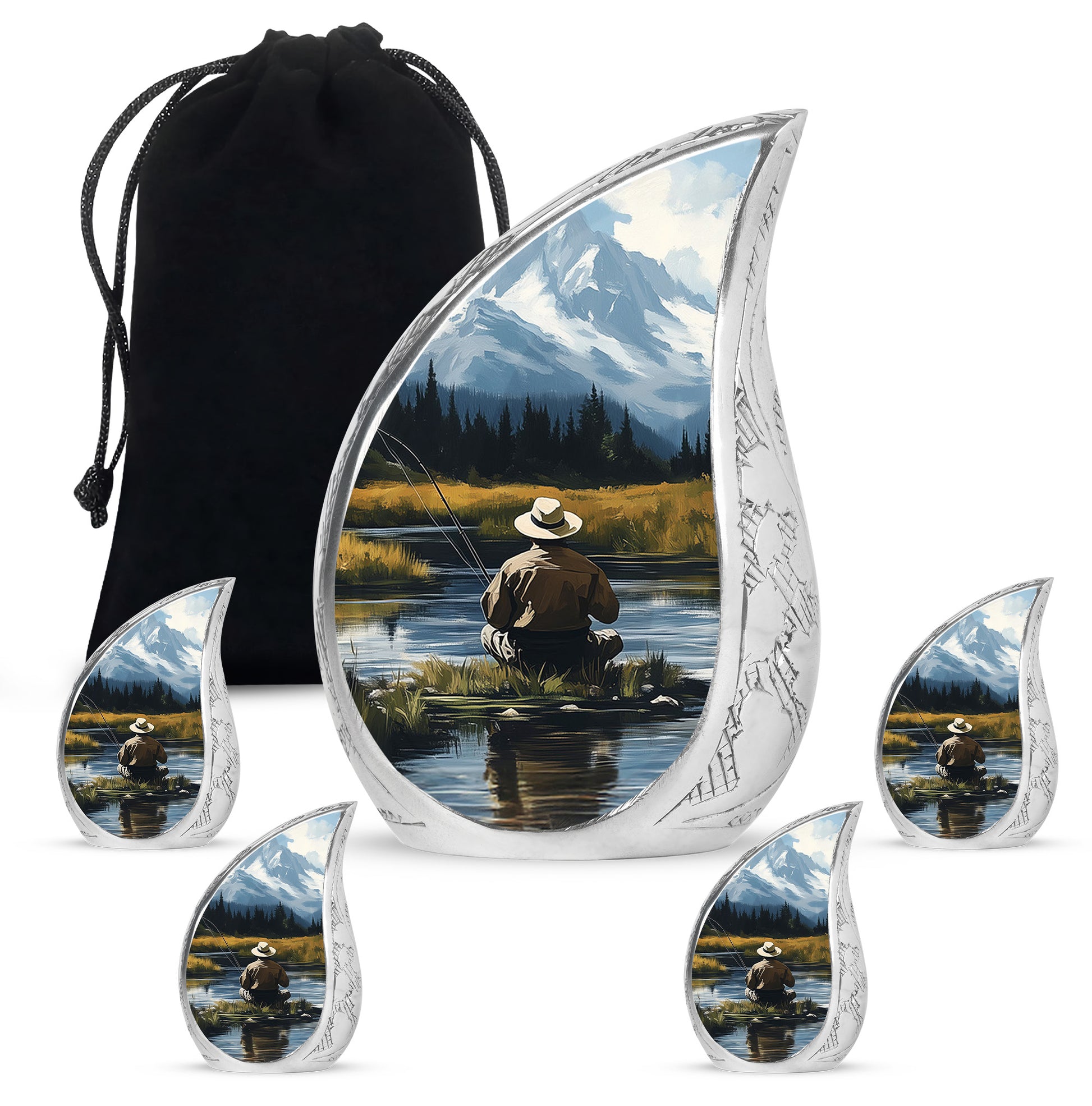 Celestial Blue Fishing Cremation Urn side profile showing urn shape - flowing teardrop fishing silhouette on curved aluminum - memorial set with one large and four small urns
