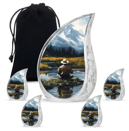 Celestial Blue Fishing Cremation Urn side profile showing urn shape - flowing teardrop fishing silhouette on curved aluminum - memorial set with one large and four small urns