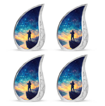 Powder Blue Fishing Cremation Urn close-up of engraving and surface detail - rounded teardrop fishing design with delicate detail - 10 inch aluminum urn for cremated remains