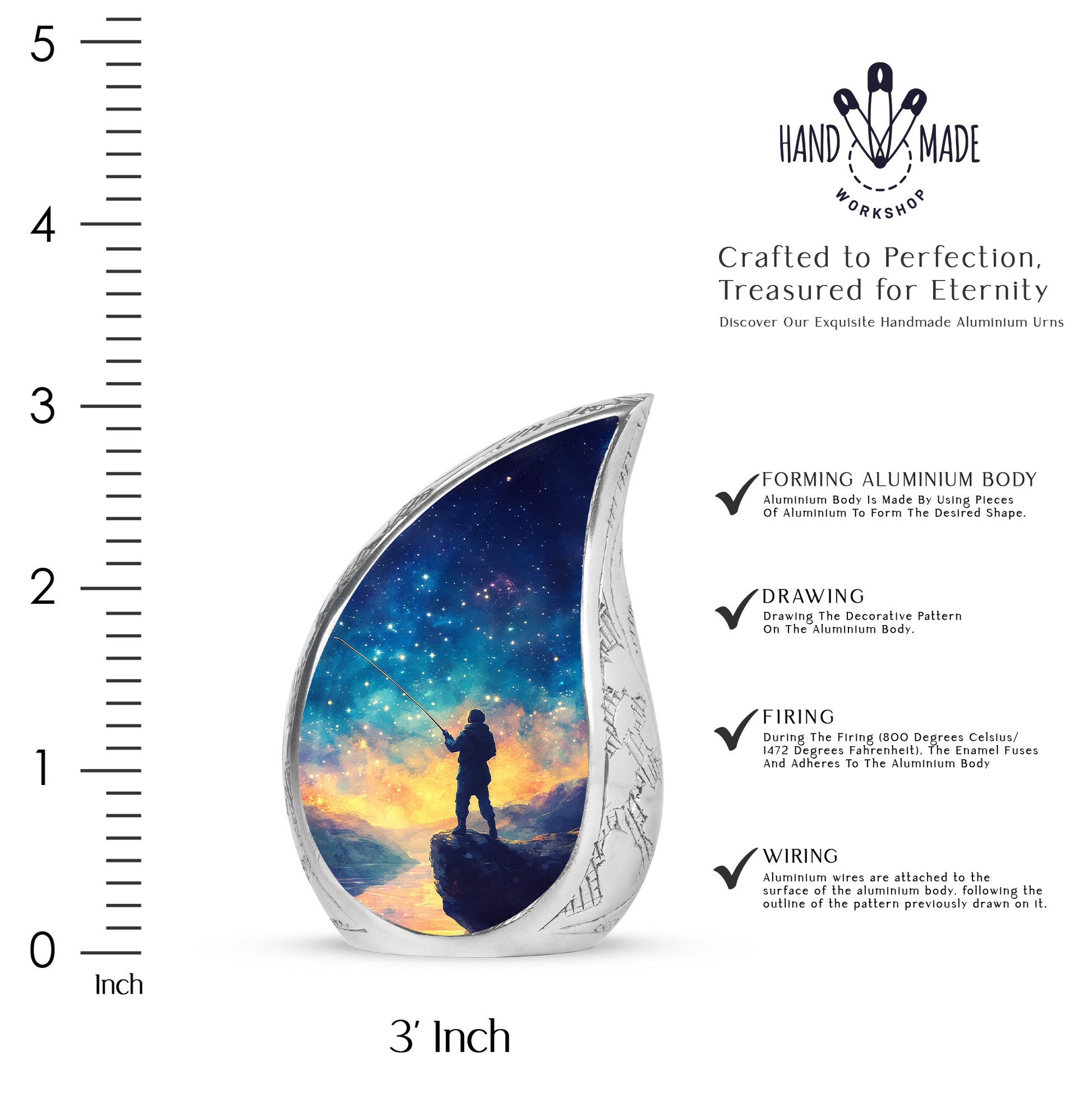 Dusty Blue Fishing Cremation Urn angled view of lid and engraved motif - flowing teardrop fishing silhouette on curved aluminum - mini keepsake memorial for portion of cremation ashes