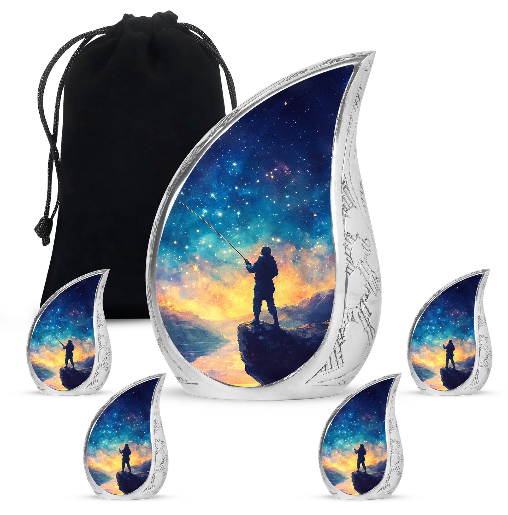 Azure Fishing Cremation Urn side profile showing urn shape - flowing teardrop fishing silhouette on curved aluminum - memorial set with one large and four small urns