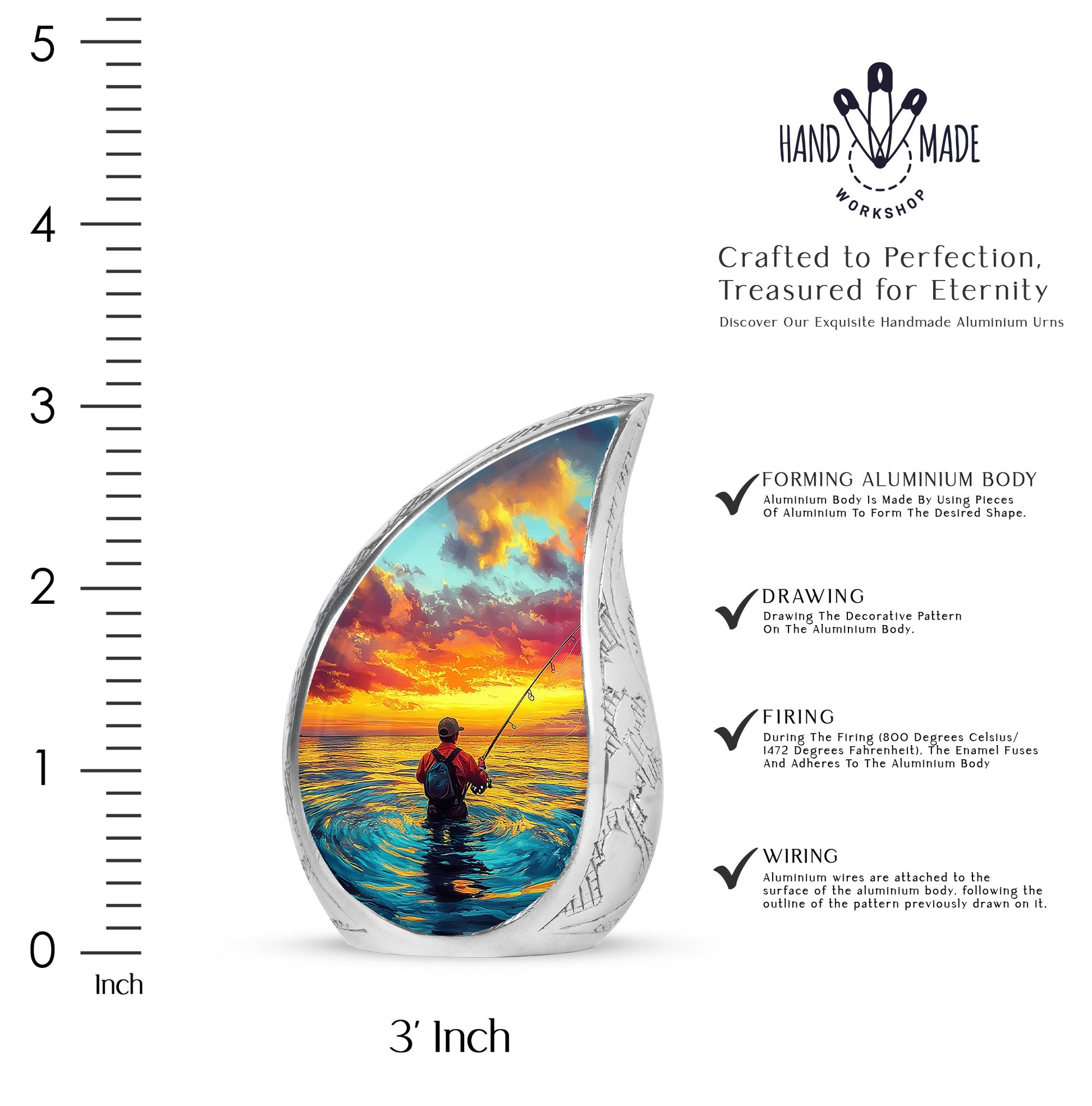 Mystic Teal Fishing Cremation Urn angled view of lid and engraved motif - graceful tear-shaped urn with fishing motif - mini keepsake memorial for portion of cremation ashes