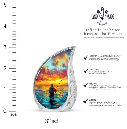 Mystic Teal Fishing Cremation Urn angled view of lid and engraved motif - graceful tear-shaped urn with fishing motif - mini keepsake memorial for portion of cremation ashes