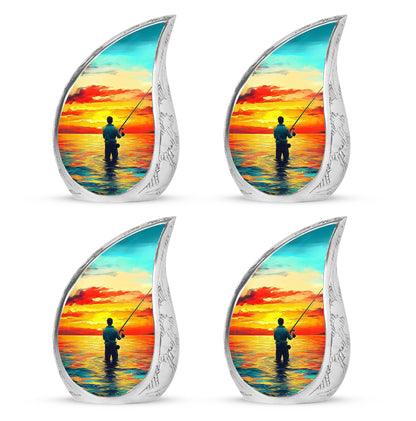 Vivid Teal Fishing Cremation Urn close-up of engraving and surface detail - smooth teardrop contour featuring fishing art - 10 inch aluminum urn for cremated remains