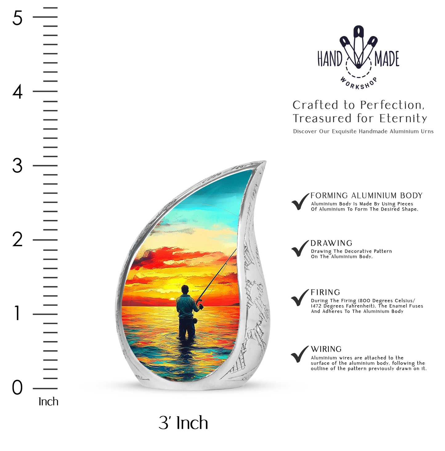 Soft Teal Fishing Cremation Urn angled view of lid and engraved motif - rounded teardrop fishing design with delicate detail - mini keepsake memorial for portion of cremation ashes